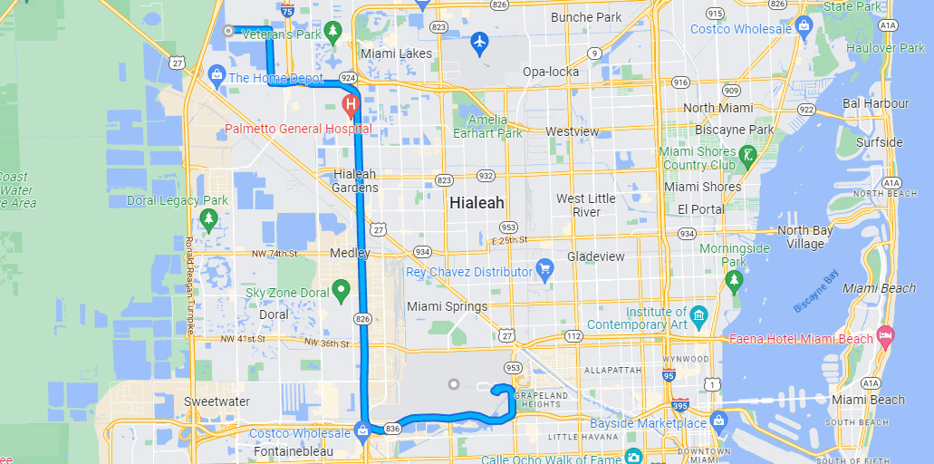 Map from Miami Airport to L.O. Trading